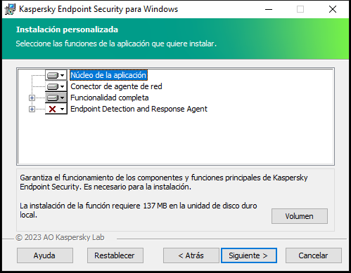 Ventana del instalador con una lista de componentes que un usuario puede seleccionar.