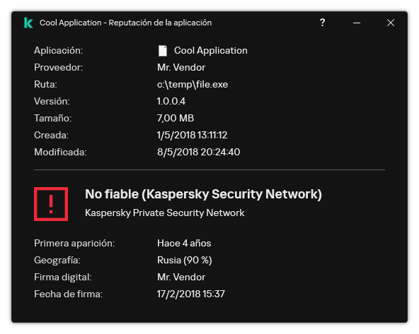 La ventana contiene información sobre la reputación del archivo y otros datos, como la presencia de una firma digital.