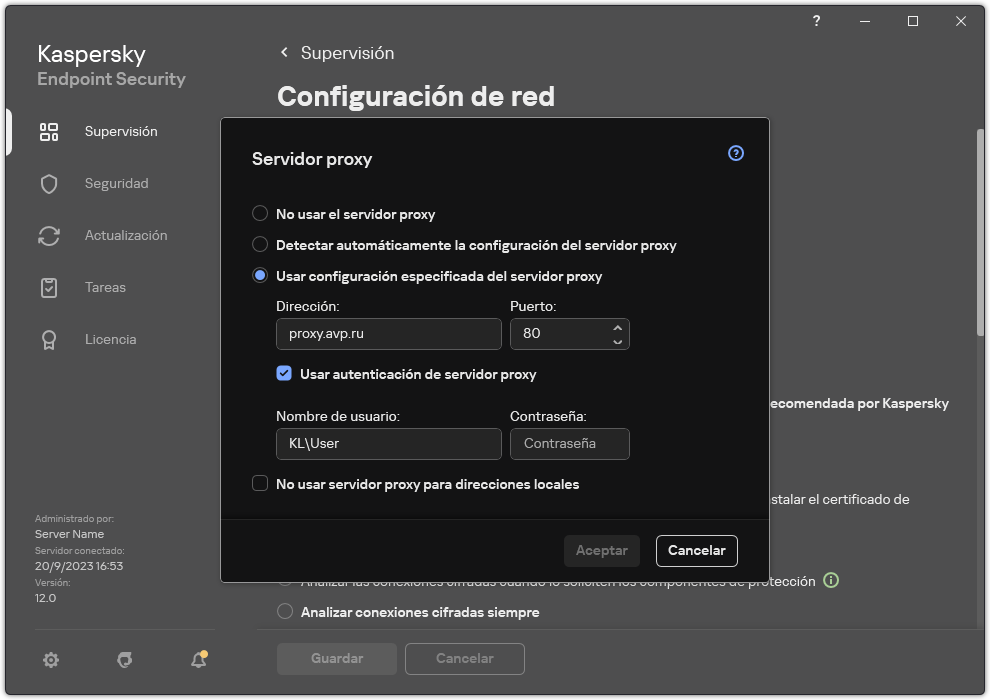 La ventana para configurar la conexión del servidor proxy. El usuario puede configurar la dirección del servidor proxy y las credenciales para conectarse al servidor proxy.