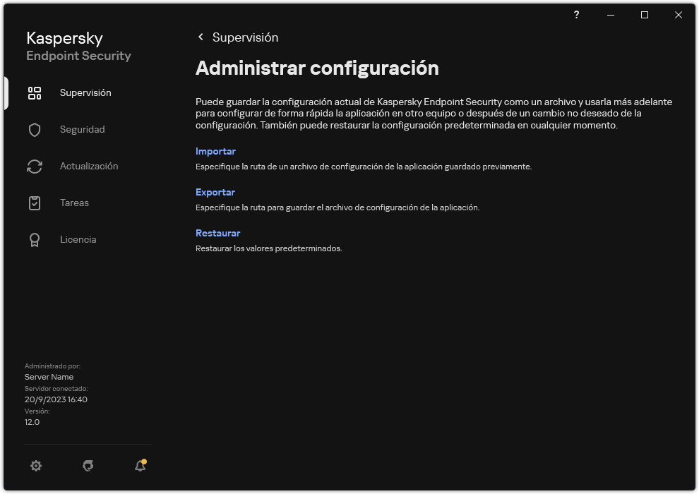 Ventana de configuración de exclusiones. El usuario puede exportar, importar o restaurar la configuración de la aplicación.