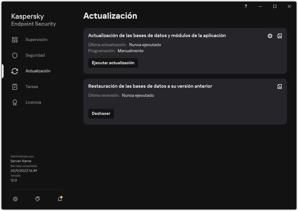 Una ventana con la lista de tareas de actualización locales. El usuario puede iniciar la actualización de bases de datos y módulos de aplicación, así como revertir la última actualización.