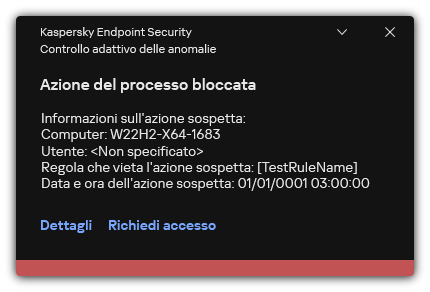 Notifica sull'attivazione di una regola. L'utente può creare una richiesta per consentire un'azione del processo.