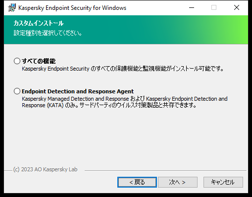アプリケーションの設定が表示されたインストーラーのウィンドウ：すべての機能または Endpoint Detection and Response Agent。