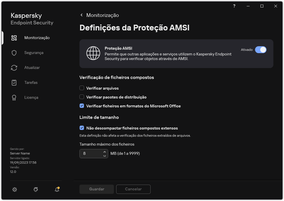 Janela de definições de Proteção AMSI.