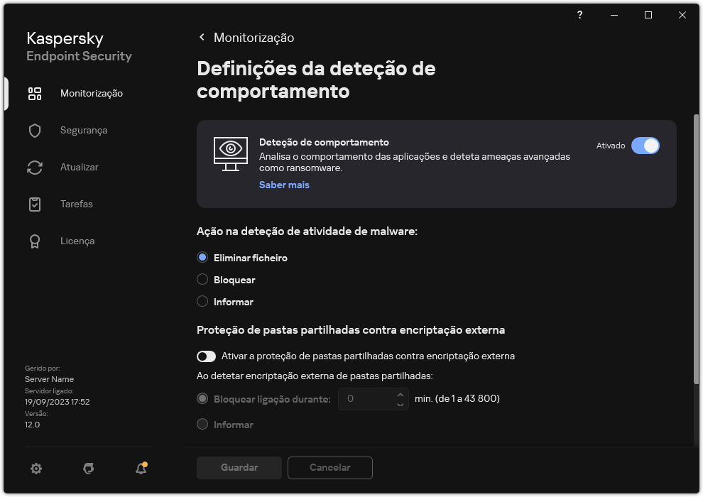 Janela de definições de Deteção de comportamento.