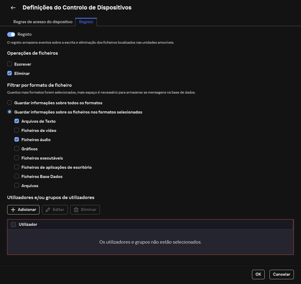 A janela para configurar o registo de eventos sobre o uso de unidades amovíveis. O utilizador pode selecionar os eventos a serem registados.