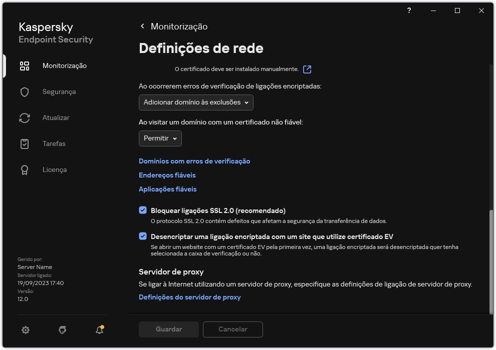 Janela de definições de rede da aplicação.