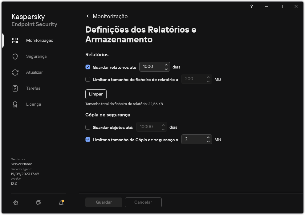 Janela de definições de Relatórios e Armazenamento. O utilizador pode definir o tamanho e limitar o tempo de armazenamento de relatórios e objetos no repositório.