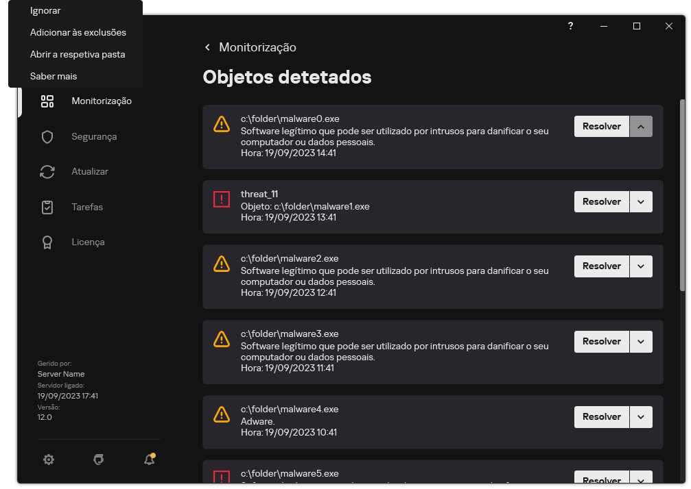 Uma janela com a lista de objetos detetados. As informações sobre o objeto são exibidas. O utilizador pode resolver ou remover o objeto.
