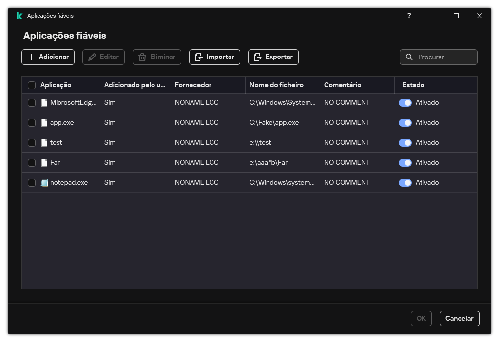 Uma janela com a lista de aplicações fiáveis. O utilizador pode adicionar, editar ou remover uma aplicação fiável.