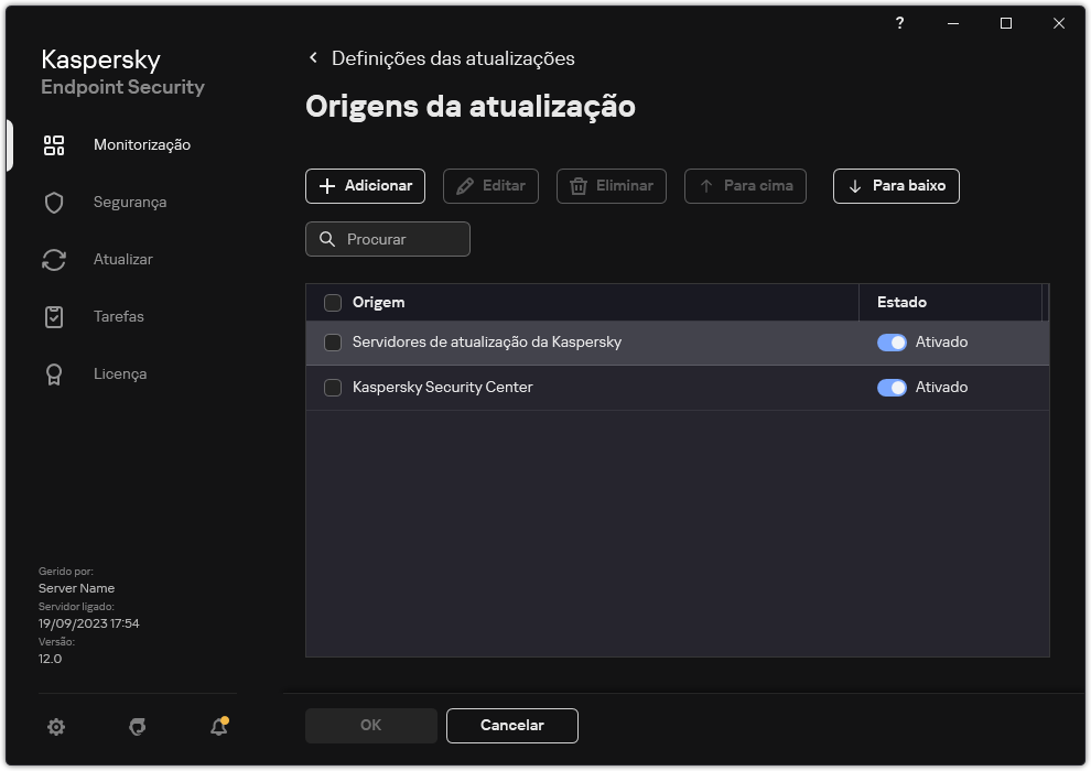 Uma janela com a lista das origens de atualização. O utilizador pode adicionar origens de atualização e atribuir uma prioridade à origem.