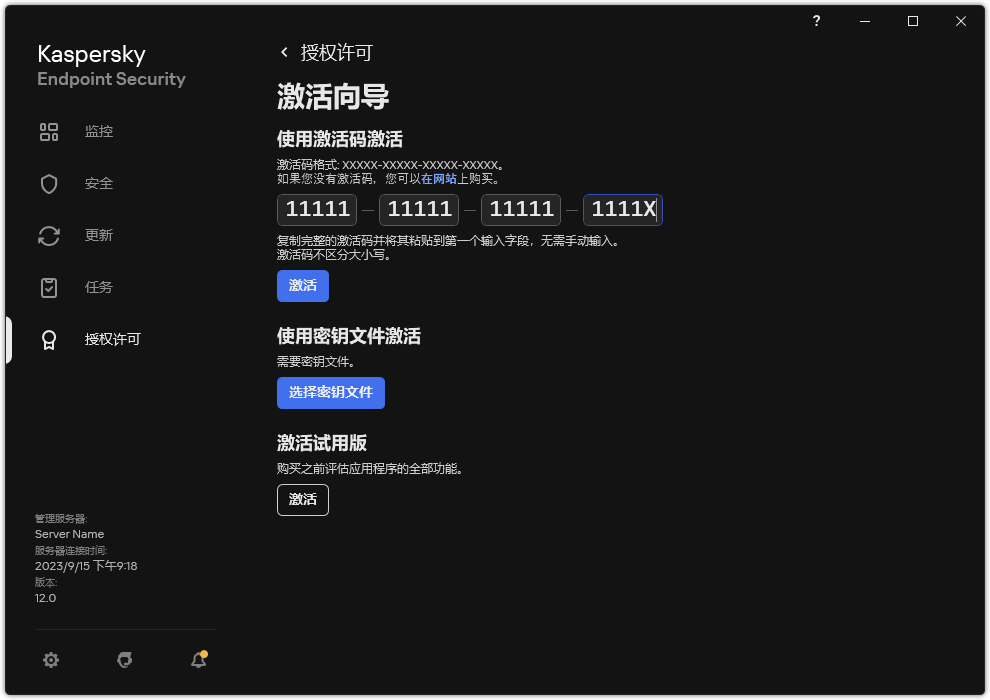 带有应用程序激活工具的窗口。用户可以输入激活码或选择密钥文件。