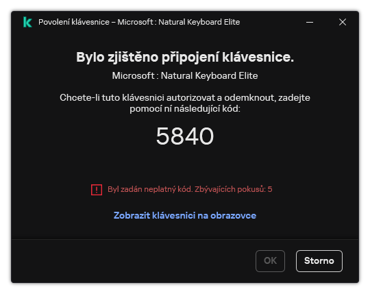 Okno s kódem pro autorizaci klávesnice. Uživatel může aktivovat klávesnici na obrazovce a zadat kód.