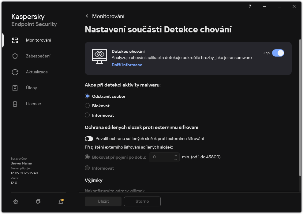 Okno nastavení součásti Detekce chování.