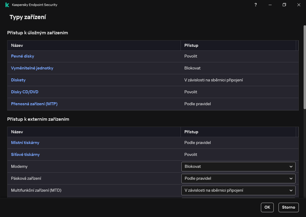 Okno pro konfiguraci přístupu k zařízením. Uživatel může nakonfigurovat přístup k zařízením a nastavit další parametry přístupu, jako je plán přístupu.