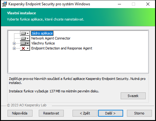 Okno instalačního programu se seznamem součástí, které si uživatel může vybrat.