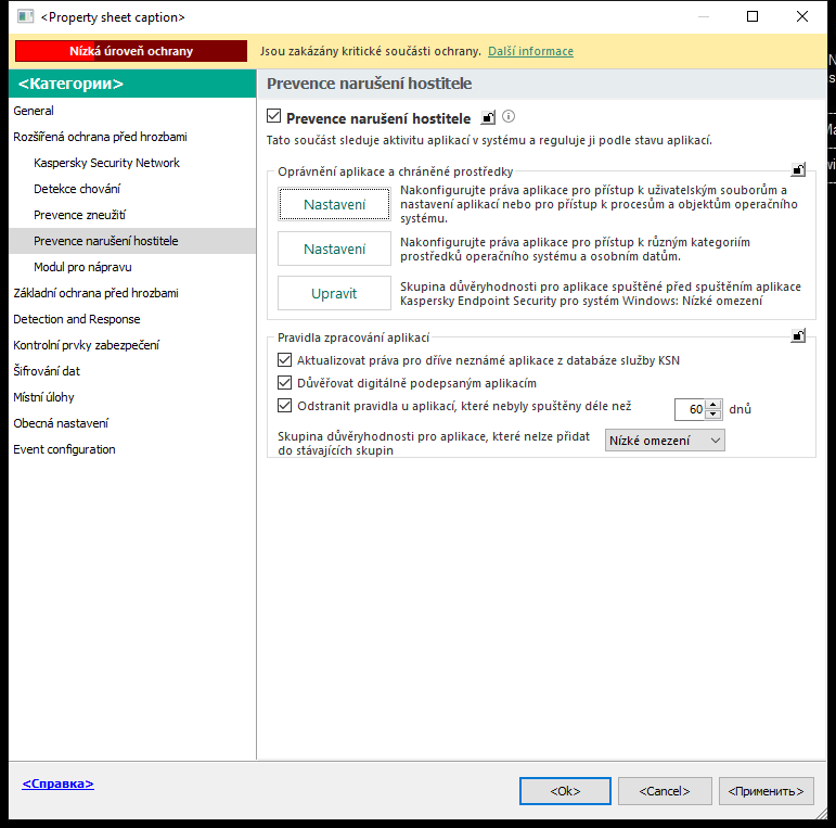 Okno nastavení součásti Prevence narušení.