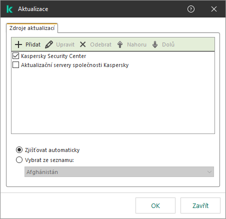 Okno se seznamem zdrojů aktualizací. Uživatel může přidat zdroje aktualizací a přiřadit zdroji prioritu.