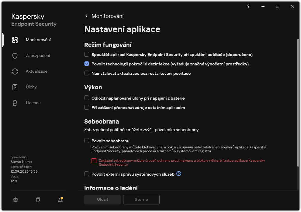 Okno Nastavení aplikace. Uživatel může konfigurovat výkon, sebeobranu a další nastavení.