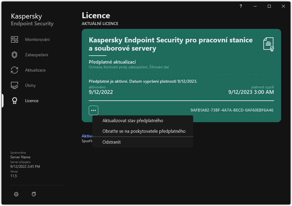 Okno s informacemi o licenci. Uživatel může aktualizovat stav předplatného, kontaktovat poskytovatele předplatného nebo odebrat licenci.