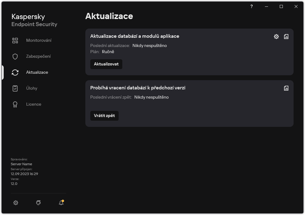 Okno se seznamem úloh místní aktualizace. Uživatel může spustit aktualizaci databází a modulů aplikace nebo vrátit poslední aktualizaci.