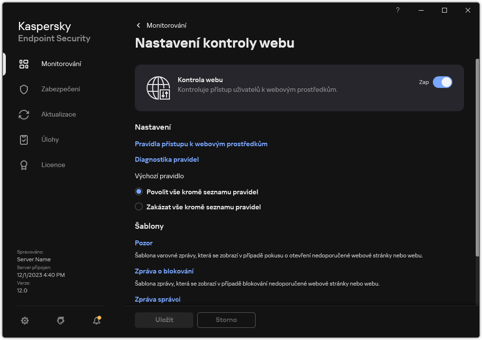 Nastavení součásti Kontrola webu.