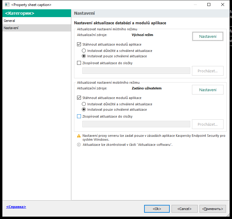 Okno Aktualizace nastavení úlohy. Uživatel může nakonfigurovat aktualizaci v místním a mobilním režimu.