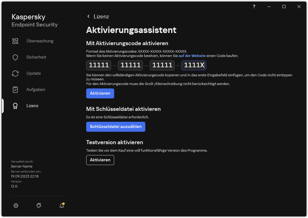 Fenster mit den Tools zur App-Aktivierung. Der Benutzer kann einen Aktivierungscode eingeben oder eine Schlüsseldatei auswählen.