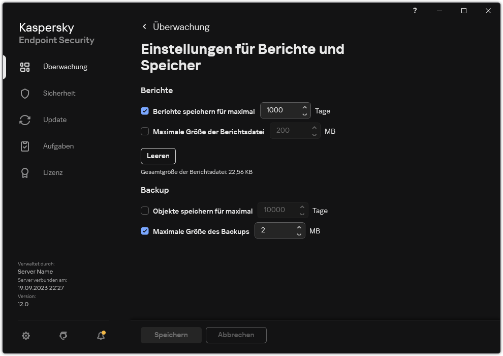 Fenster mit Einstellungen für &bdquo;Berichte und Speicher&ldquo;. Der Benutzer kann die Größe von Berichten und Objekten festlegen und die Speicherdauer in der Datenverwaltung begrenzen.