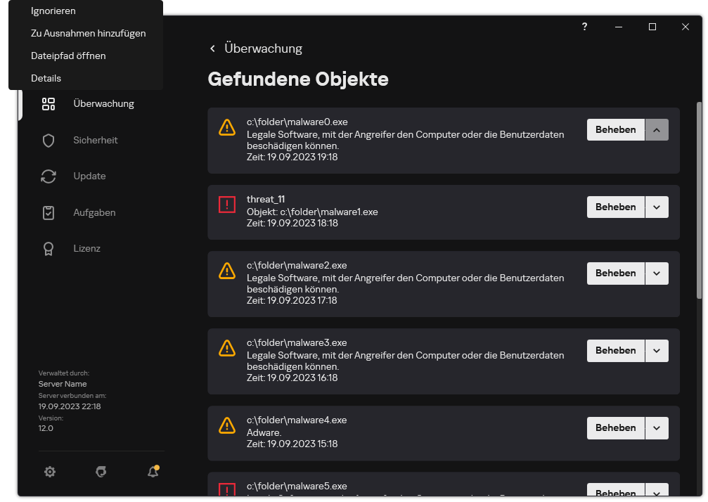 Ein Fenster mit einer Liste der erkannten Objekte. Informationen zum Objekt werden angezeigt. Der Benutzer kann das Objekt verarbeiten oder entfernen.