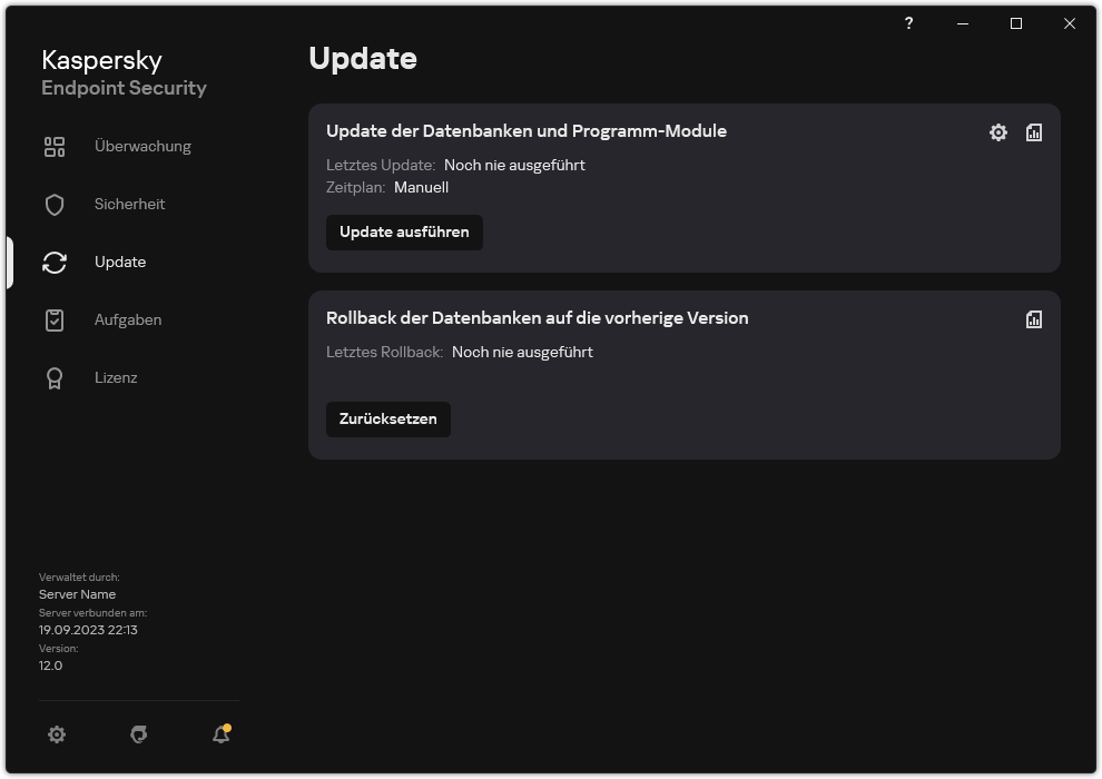 Ein Fenster mit der Liste der lokalen Update-Aufgaben. Der Benutzer kann das Update der Datenbanken und Programm-Module starten oder das letzte Update rückgängig machen.