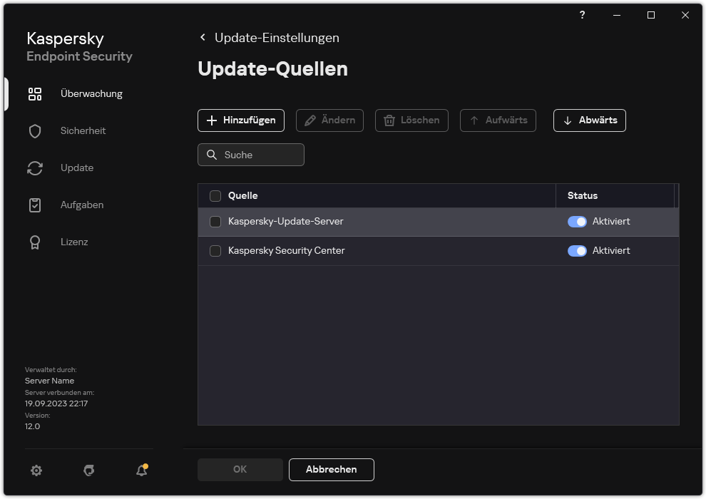 Ein Fenster mit einer Liste der Update-Quellen. Der Benutzer kann Update-Quellen hinzufügen und jeder Quelle eine Priorität zuweisen.