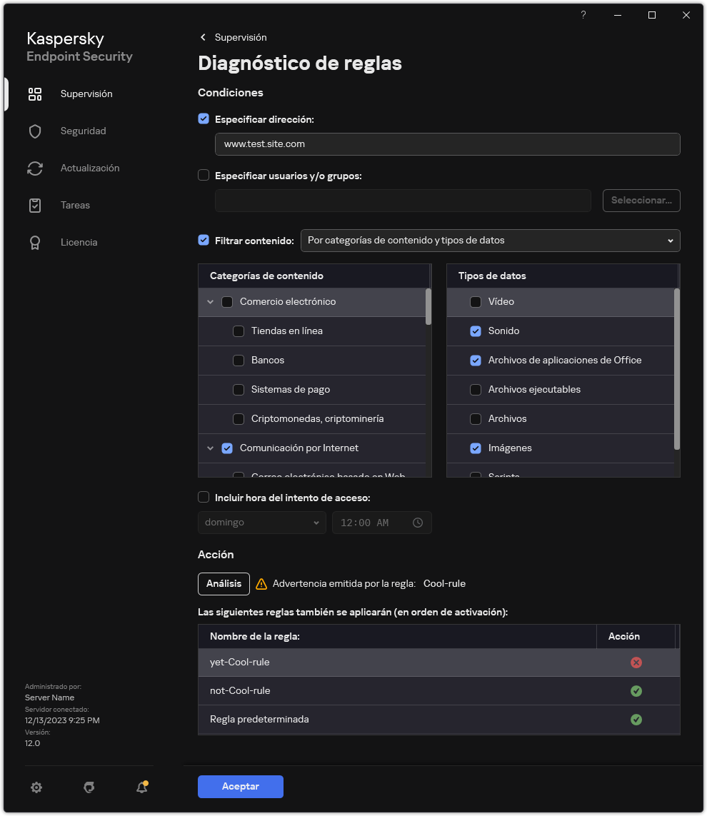 Ventana de resultados de pruebas de recursos web.