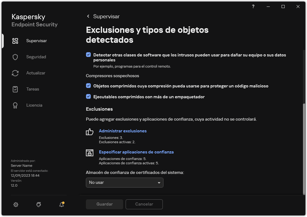 Ventana Configuración de exclusiones. El usuario puede agregar exclusiones y aplicaciones de confianza.
