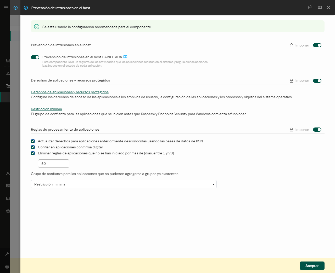 Ventana de Configuración de Prevención de intrusiones