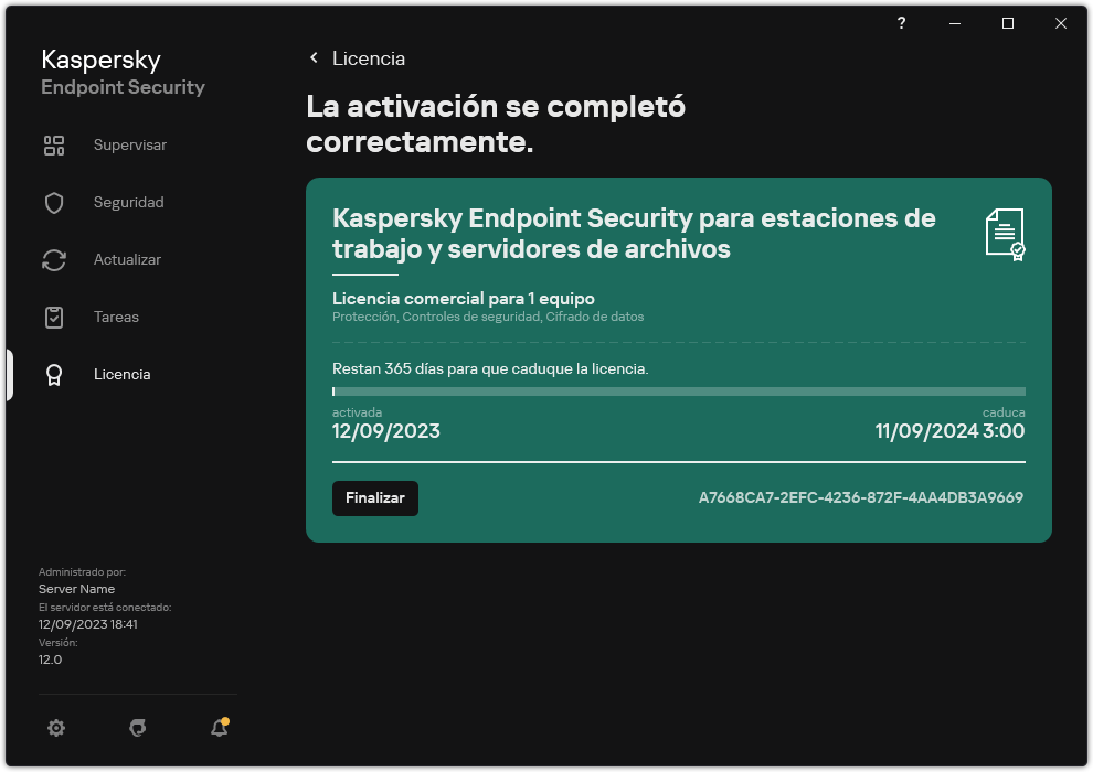 La ventana contiene información sobre la licencia: fecha de caducidad, funciones disponibles y otra información.