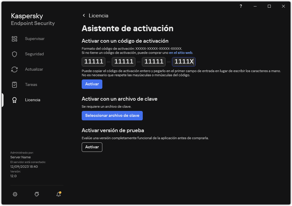 Ventana con las herramientas de activación de la aplicación. El usuario puede ingresar un código de activación o seleccionar un archivo de clave.