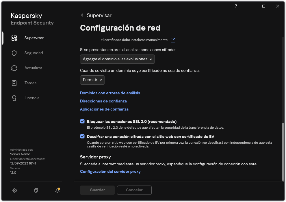 Ventana Configuración de red de la aplicación.