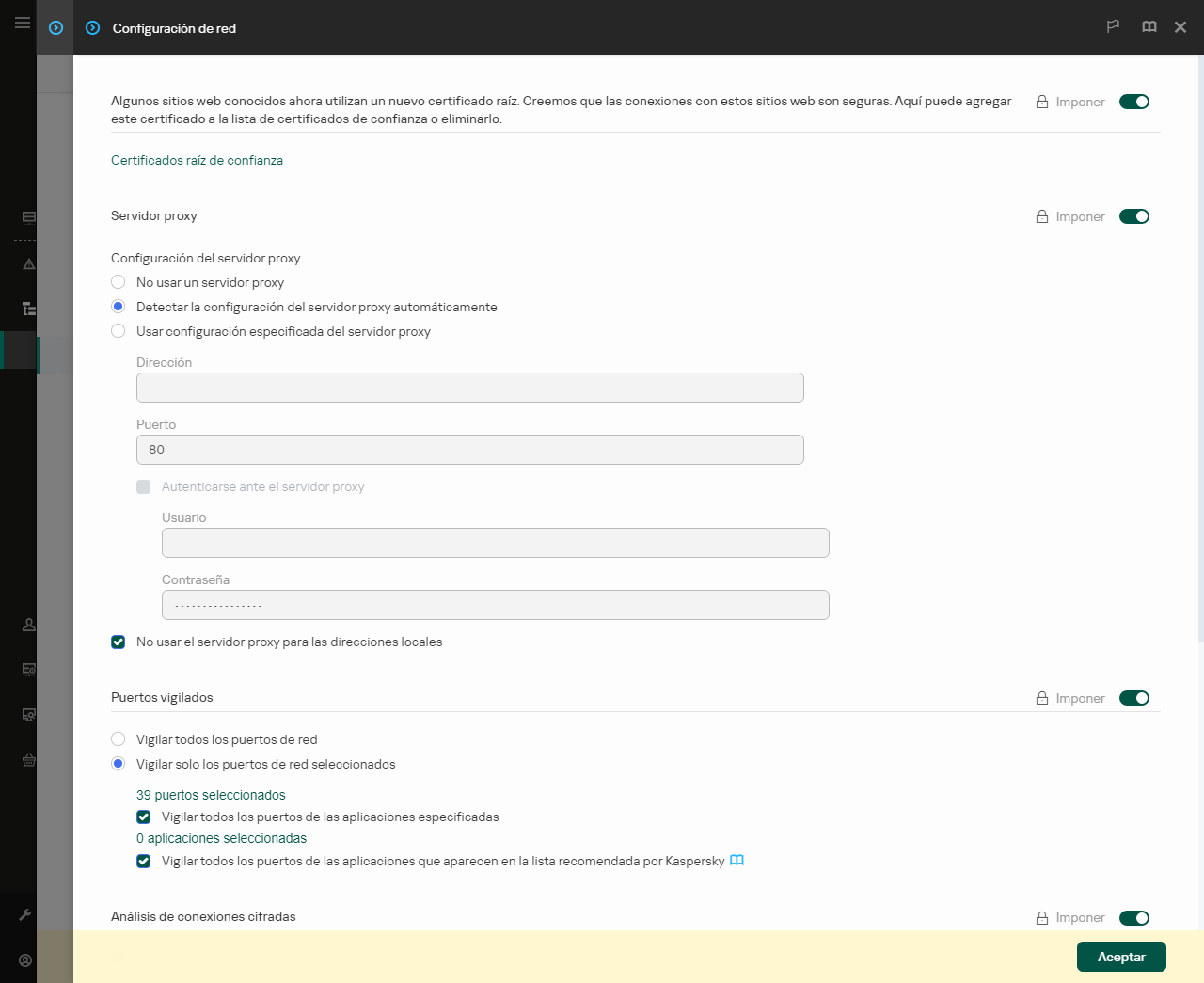 Ventana Configuración de red de la aplicación. El usuario puede configurar el servidor proxy.