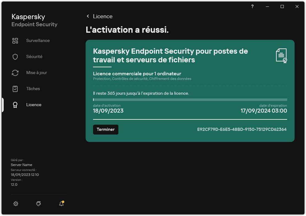 La fenêtre contient des informations sur la licence : date d'expiration, fonctions disponibles et autres informations.