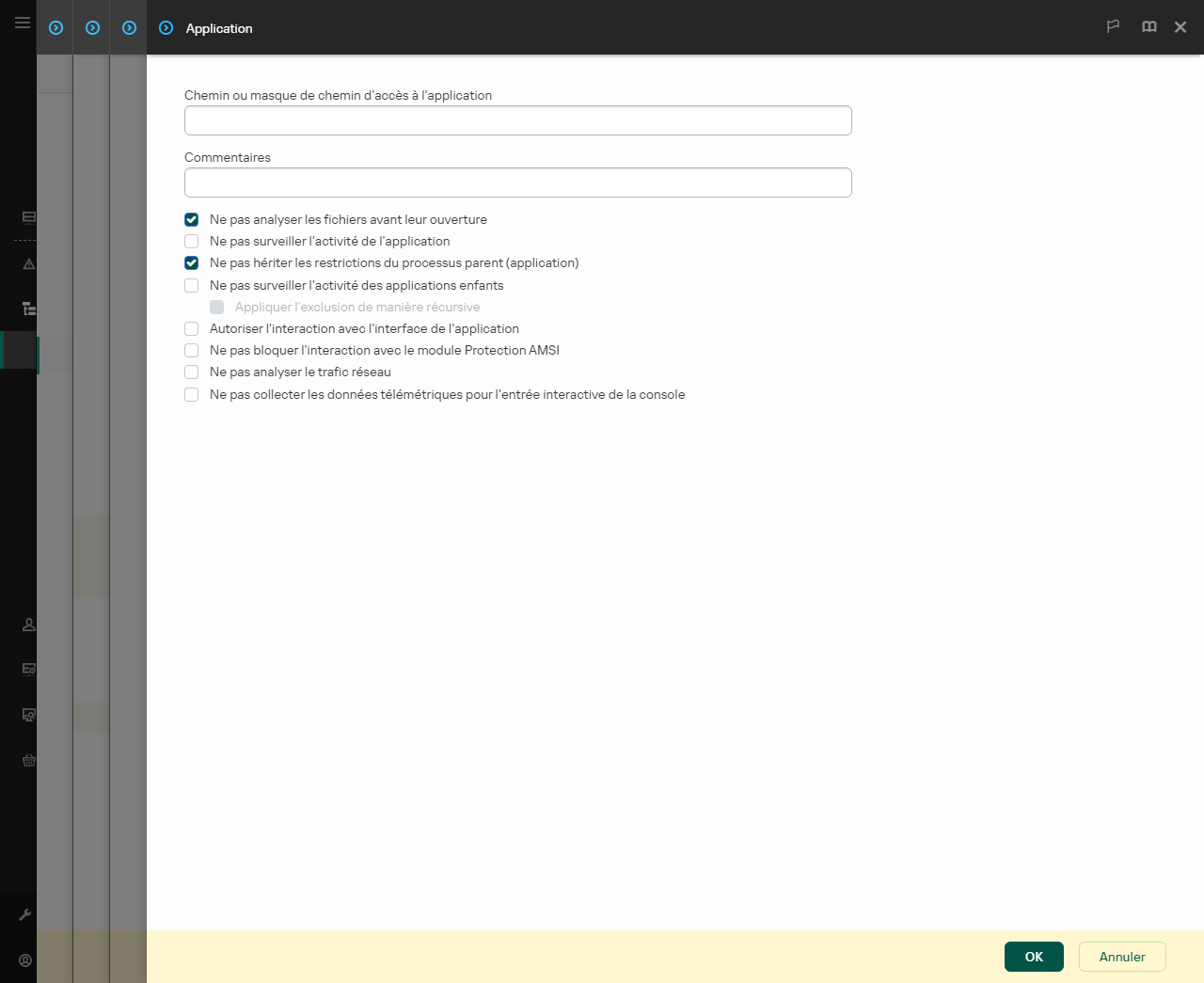 Une fenêtre avec un champ pour saisir le chemin d'accès à l'application de confiance. Des masques peuvent être utilisés.