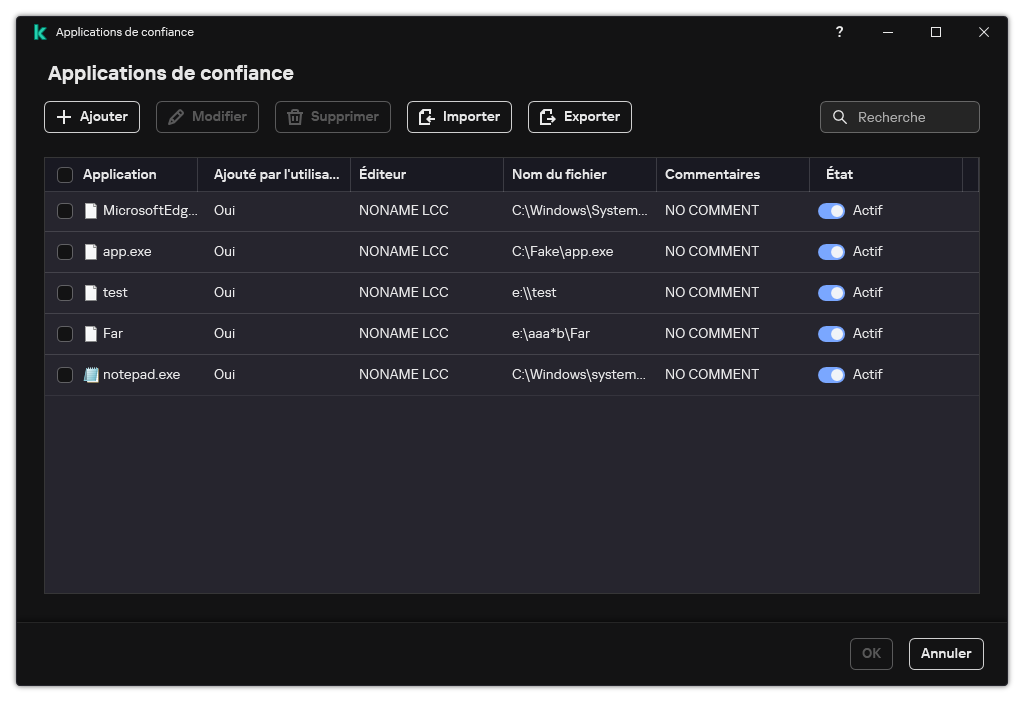 Une fenêtre avec la liste des applications de confiance. L'utilisateur peut ajouter, modifier ou supprimer une application de confiance.