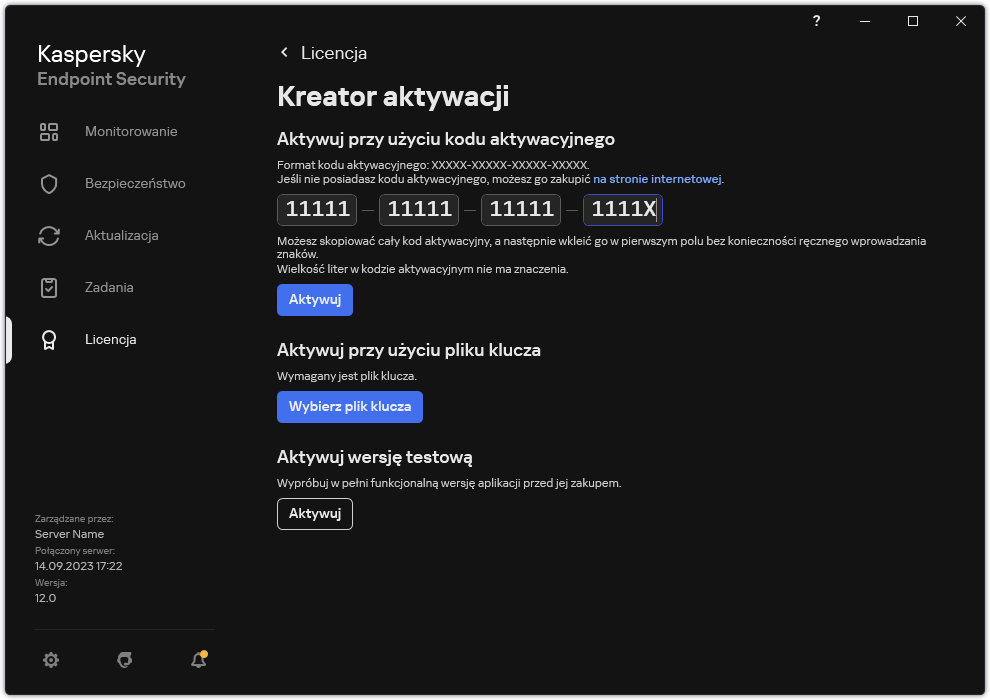 Okno z narzędziami aktywacji aplikacji. Użytkownik może wprowadzić kod aktywacyjny lub wybrać plik klucza.