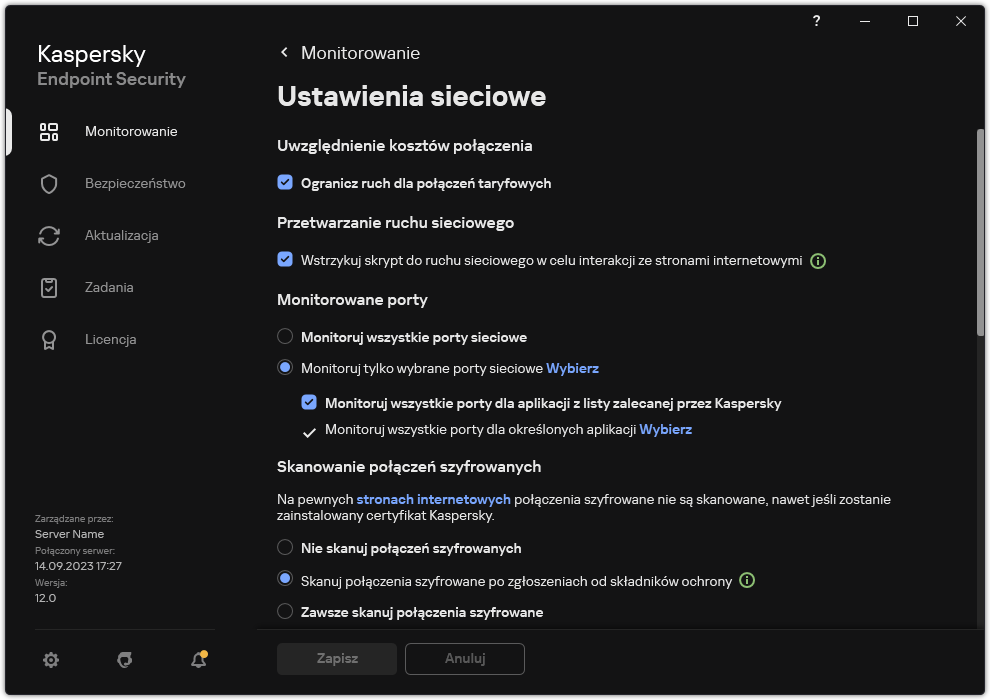 Okno ustawień sieciowych aplikacji.
