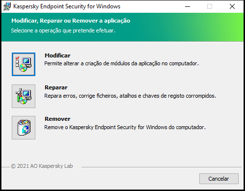 Janela de instalação com uma lista de operações disponíveis: alterar o conjunto de componentes, reparar a aplicação, remover a aplicação.