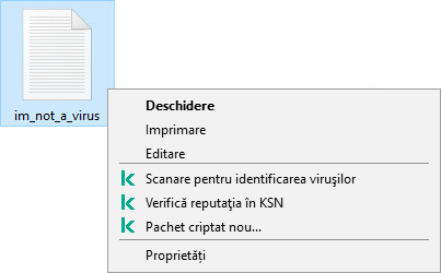 Meniul contextual al fișierului cu elemente Kaspersky: scanare malware, verificarea reputației în KSN, crearea unei arhive criptate.