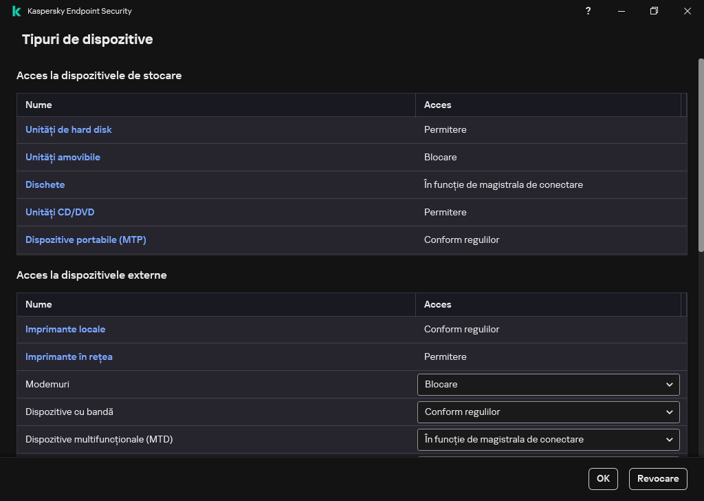 Fereastra pentru configurarea accesului la dispozitive. Utilizatorul poate configura accesul la dispozitive și poate seta parametri de acces suplimentari, cum ar fi planificarea accesului.