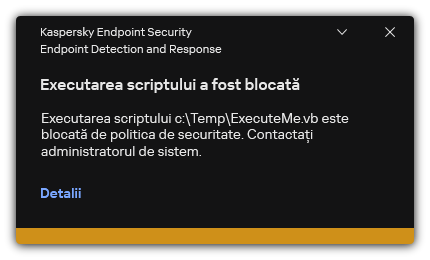 Notificare despre executarea scriptului blocat. Utilizatorul poate vizualiza informații detaliate despre regulă.