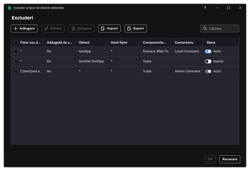 O fereastră cu lista de excluderi. Sunt afișate proprietățile excluderii. Utilizatorul poate adăuga, edita sau șterge excluderi.