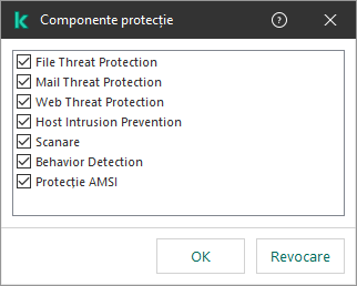 O fereastră cu lista componentelor aplicației. Excluderea se aplică numai pentru funcționarea componentelor selectate.